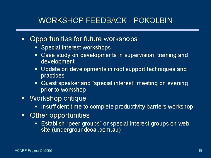 WORKSHOP FEEDBACK - POKOLBIN § Opportunities for future workshops § Special interest workshops §