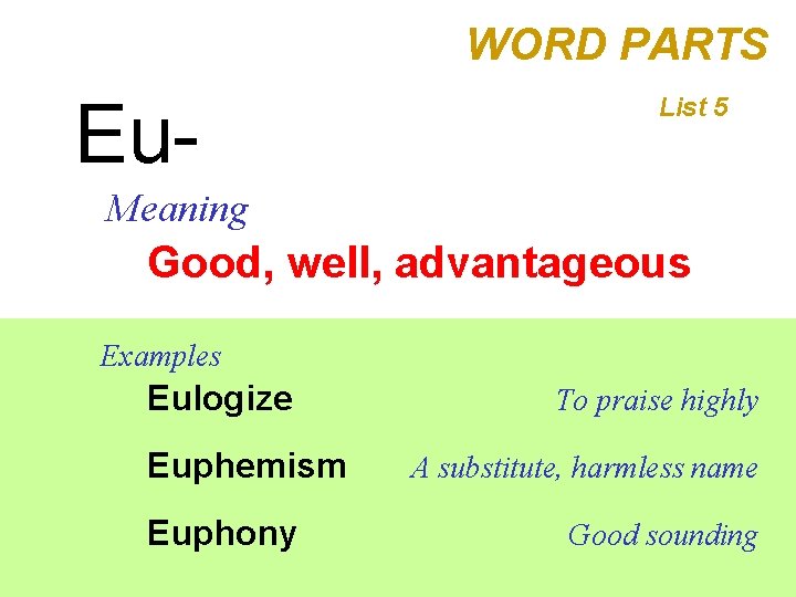 WORD PARTS Eu- List 5 Meaning Good, well, advantageous Examples Eulogize Euphemism Euphony To