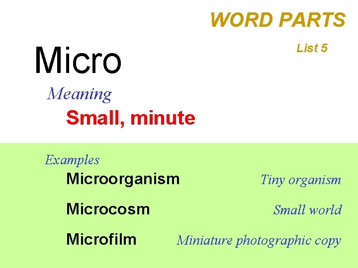 WORD PARTS Micro List 5 Meaning Small, minute Examples Microorganism Microcosm Microfilm Tiny organism