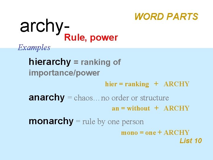 archy-Rule, power WORD PARTS Examples hierarchy = ranking of importance/power hier = ranking +