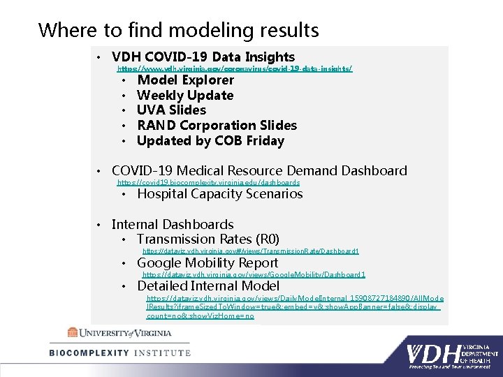 Where to find modeling results • VDH COVID-19 Data Insights https: //www. vdh. virginia.