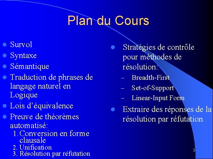 Plan du Cours l l l Survol Syntaxe Sémantique Traduction de phrases de langage