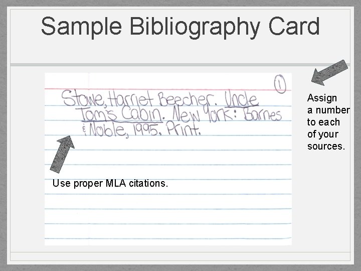 Sample Bibliography Card Assign a number to each of your sources. Use proper MLA