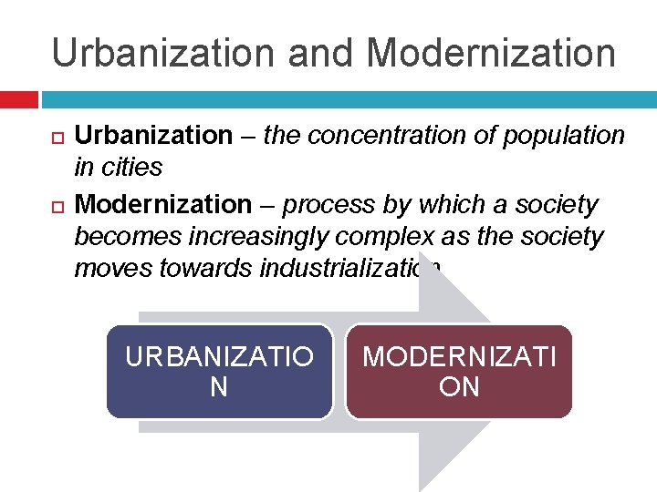 Urbanization and Modernization Urbanization – the concentration of population in cities Modernization – process