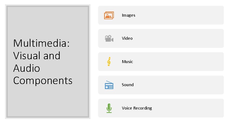 Images Multimedia: Visual and Audio Components Video Music Sound Voice Recording 
