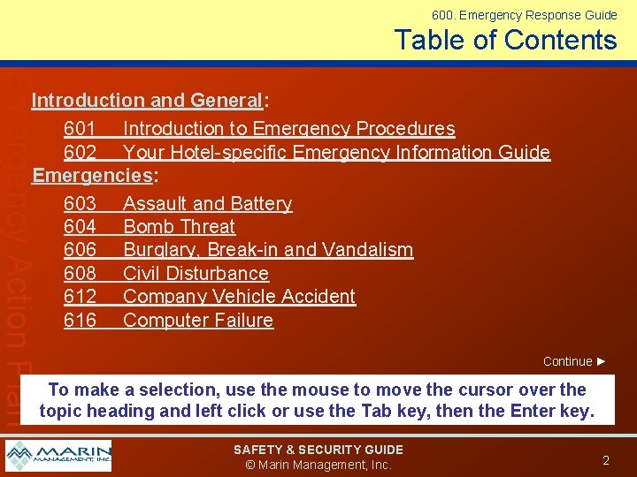 600. Emergency Response Guide Table of Contents Emergency Action Plan Introduction and General: 601