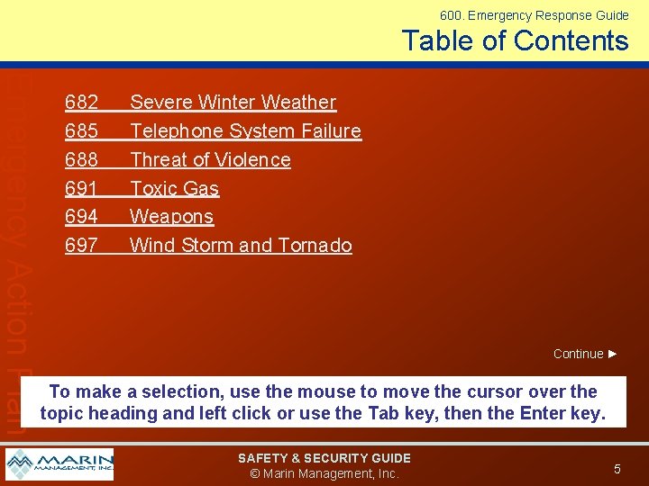 600. Emergency Response Guide Table of Contents Emergency Action Plan 682 685 688 691