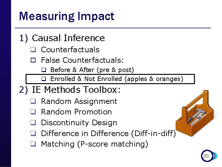 Measuring Impact 1) Causal Inference q Counterfactuals p False Counterfactuals: q Before & After