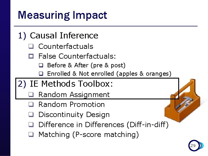 Measuring Impact 1) Causal Inference q Counterfactuals p False Counterfactuals: q Before & After