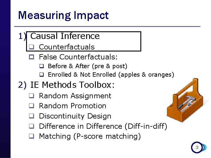 Measuring Impact 1) Causal Inference q Counterfactuals p False Counterfactuals: q Before & After