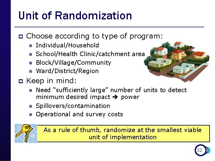 Unit of Randomization p Choose according to type of program: n n p Individual/Household