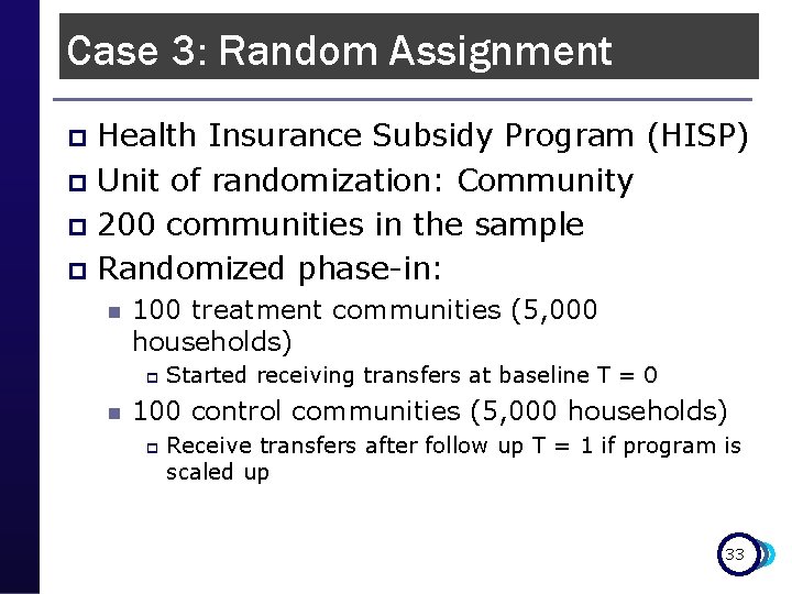 Case 3: Random Assignment Health Insurance Subsidy Program (HISP) p Unit of randomization: Community