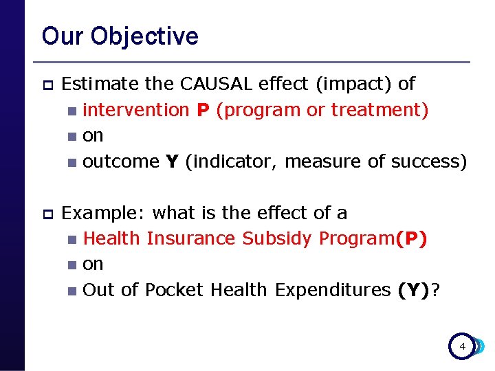 Our Objective p Estimate the CAUSAL effect (impact) of n intervention P (program or