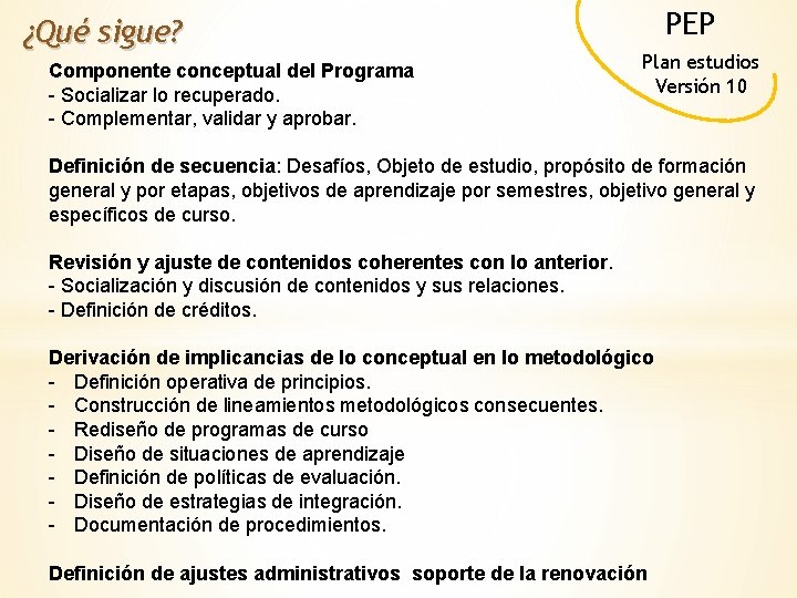 ¿Qué sigue? Componente conceptual del Programa - Socializar lo recuperado. - Complementar, validar y