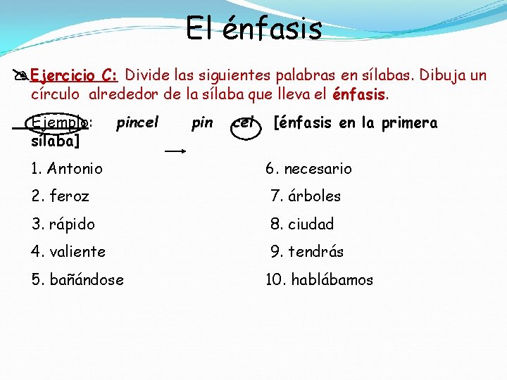 El énfasis Ejercicio C: Divide las siguientes palabras en sílabas. Dibuja un círculo alrededor