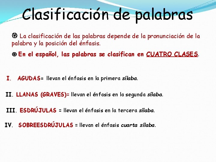 Clasificación de palabras La clasificación de las palabras depende de la pronunciación de la Clasificación de palabras La clasificación de las palabras depende de la pronunciación de la