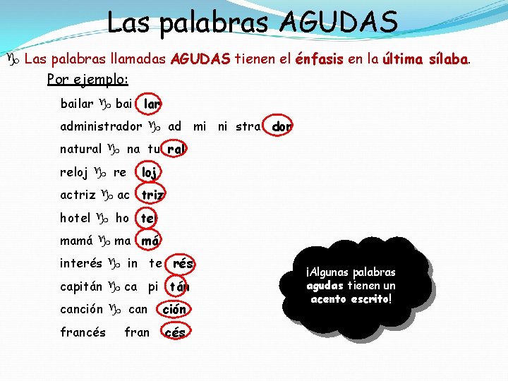 Las palabras AGUDAS Las palabras llamadas AGUDAS tienen el énfasis en la última sílaba. Las palabras AGUDAS Las palabras llamadas AGUDAS tienen el énfasis en la última sílaba.