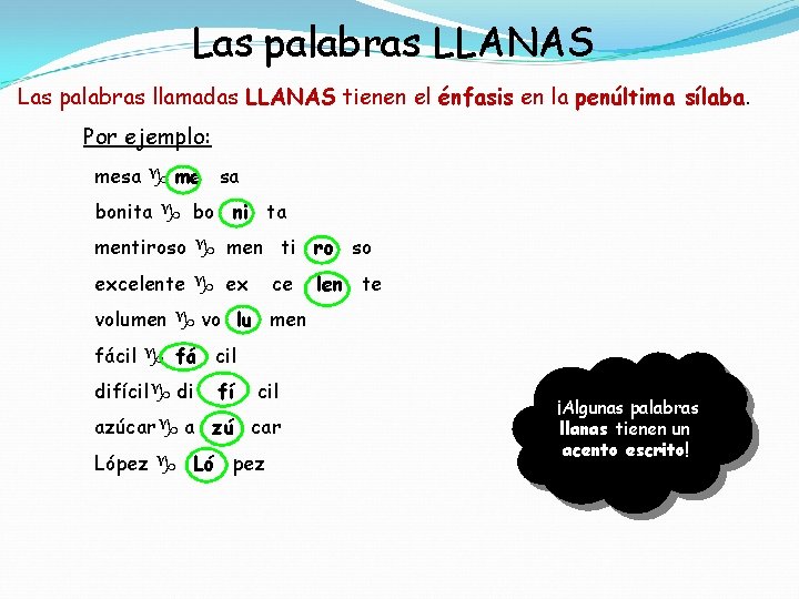 Las palabras LLANAS Las palabras llamadas LLANAS tienen el énfasis en la penúltima sílaba.