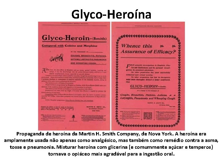 Glyco-Heroína Propaganda de heroína da Martin H. Smith Company, de Nova York. A heroína