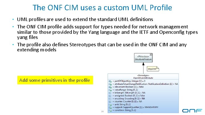 The ONF CIM uses a custom UML Profile • UML profiles are used to The ONF CIM uses a custom UML Profile • UML profiles are used to