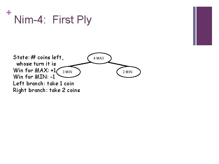 + Nim-4: First Ply State: # coins left, whose turn it is Win for