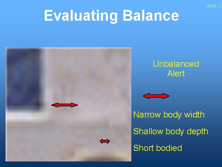 Evaluating Balance Slide 13 Unbalanced Alert Narrow body width Shallow body depth Short bodied