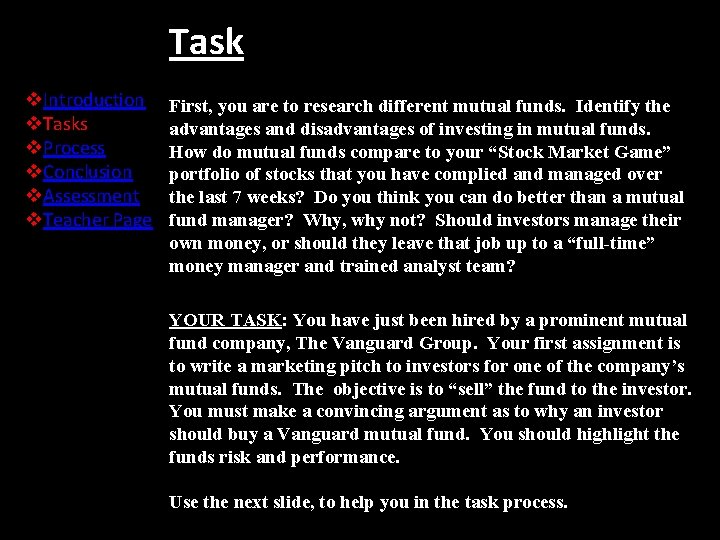 Task v. Introduction v. Tasks v. Process v. Conclusion v. Assessment v. Teacher Page