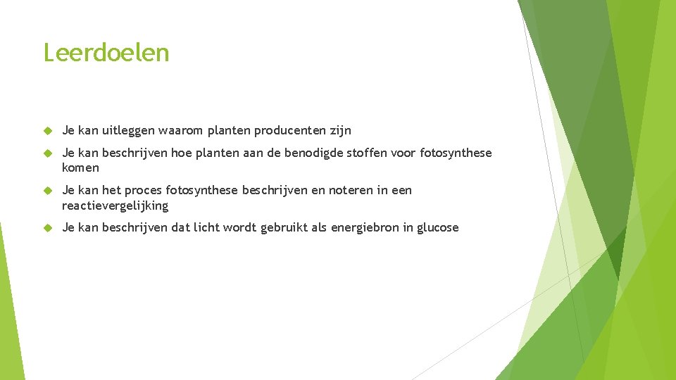 Leerdoelen Je kan uitleggen waarom planten producenten zijn Je kan beschrijven hoe planten aan