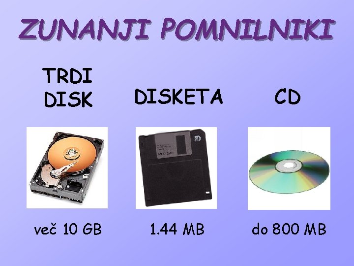 ZUNANJI POMNILNIKI TRDI DISKETA CD več 10 GB 1. 44 MB do 800 MB