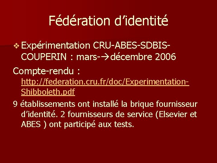 Fédération d’identité v Expérimentation CRU-ABES-SDBISCOUPERIN : mars- décembre 2006 Compte-rendu : http: //federation. cru.