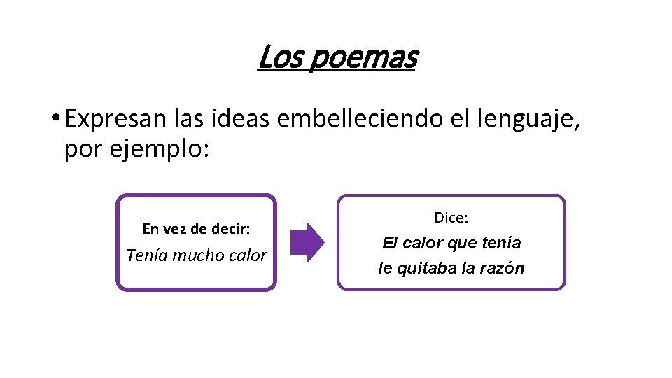 Los poemas • Expresan las ideas embelleciendo el lenguaje, por ejemplo: En vez de