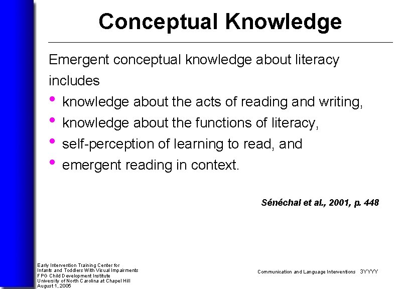 Conceptual Knowledge Emergent conceptual knowledge about literacy includes • knowledge about the acts of