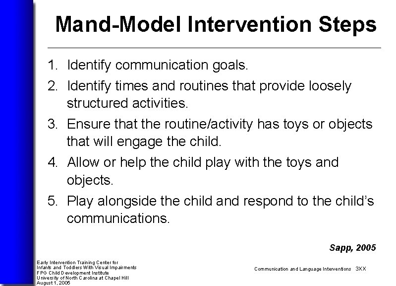 Mand-Model Intervention Steps 1. Identify communication goals. 2. Identify times and routines that provide