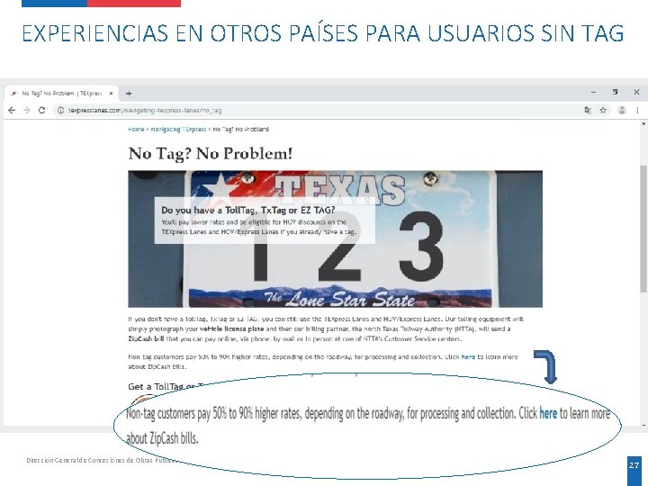 EXPERIENCIAS EN OTROS PAÍSES PARA USUARIOS SIN TAG Dirección General de Concesiones de Obras EXPERIENCIAS EN OTROS PAÍSES PARA USUARIOS SIN TAG Dirección General de Concesiones de Obras