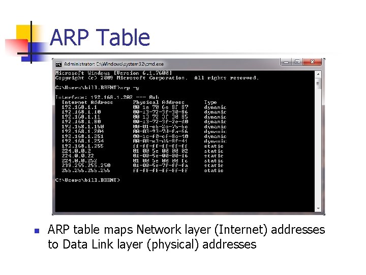 ARP Table n ARP table maps Network layer (Internet) addresses to Data Link layer