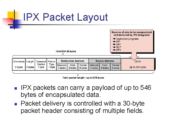 IPX Packet Layout n n IPX packets can carry a payload of up to