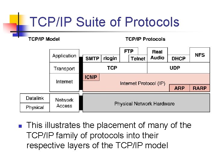 TCP/IP Suite of Protocols n This illustrates the placement of many of the TCP/IP