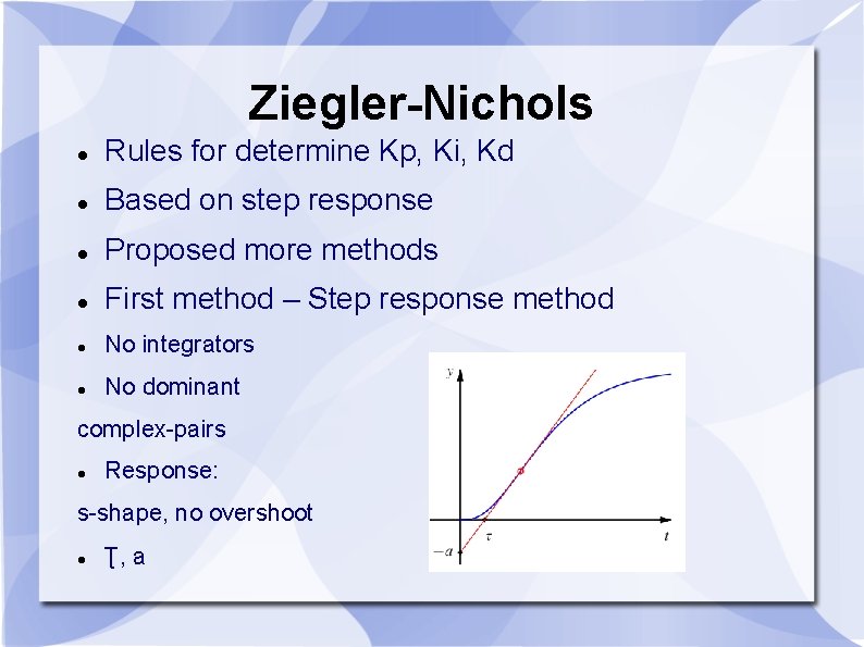 Ziegler-Nichols Rules for determine Kp, Ki, Kd Based on step response Proposed more methods