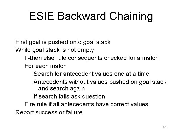 ESIE Backward Chaining First goal is pushed onto goal stack While goal stack is