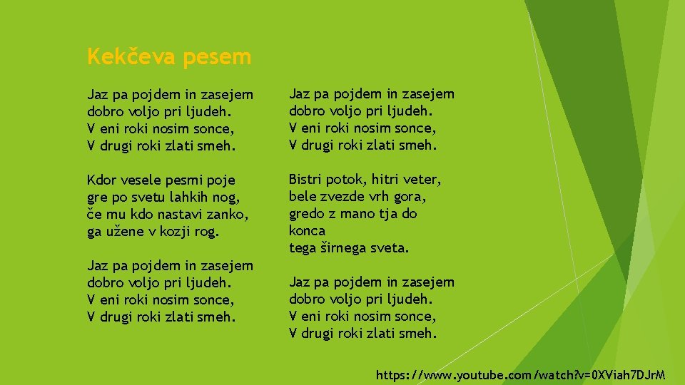 Kekčeva pesem Jaz pa pojdem in zasejem dobro voljo pri ljudeh. V eni roki