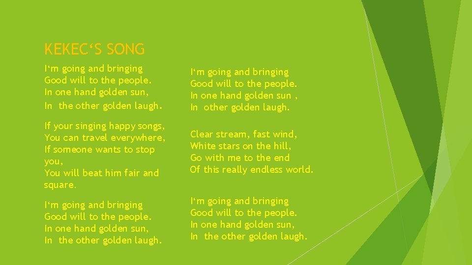 KEKEC‘S SONG I‘m going and bringing Good will to the people. In one hand