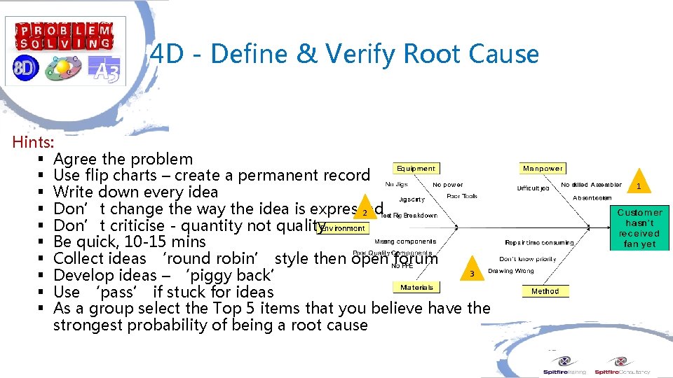  4 D - Define & Verify Root Cause Hints: § Agree the problem