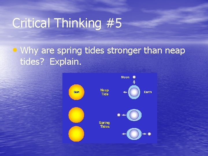 Critical Thinking #5 • Why are spring tides stronger than neap tides? Explain. 