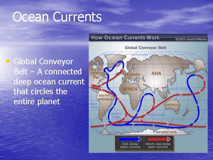 Ocean Currents • Global Conveyor Belt – A connected deep ocean current that circles