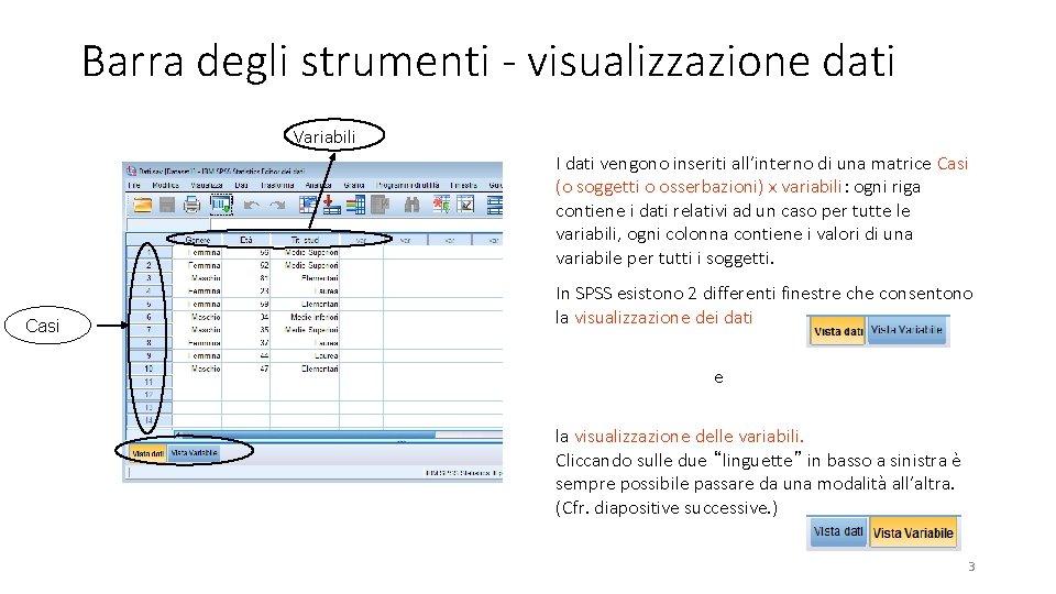 Barra degli strumenti - visualizzazione dati Variabili I dati vengono inseriti all’interno di una