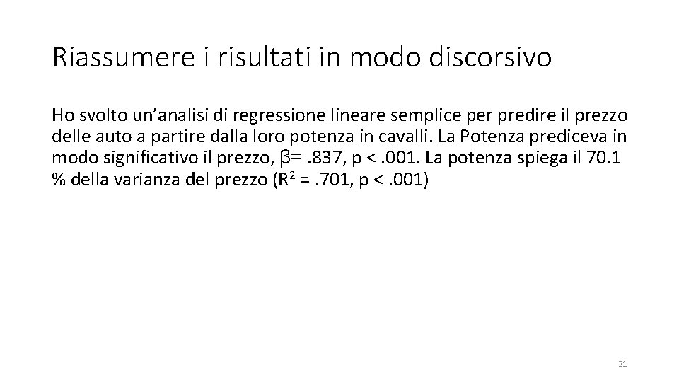 Riassumere i risultati in modo discorsivo Ho svolto un’analisi di regressione lineare semplice per