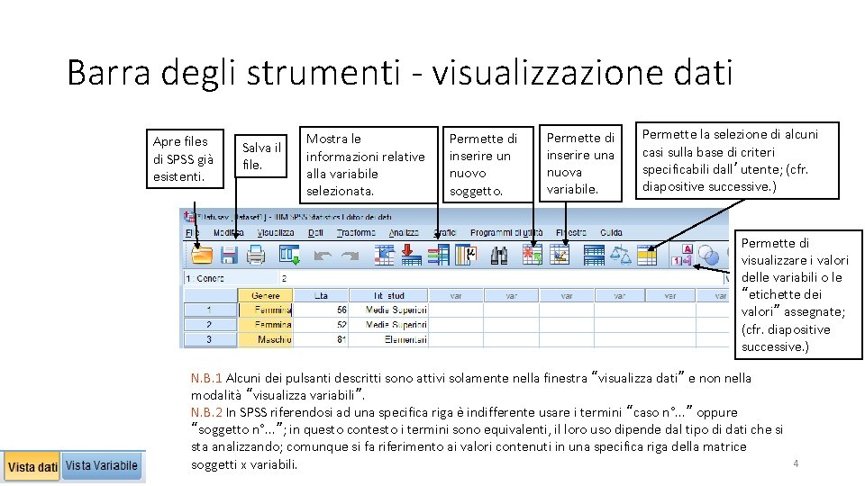 Barra degli strumenti - visualizzazione dati Apre files di SPSS già esistenti. Salva il