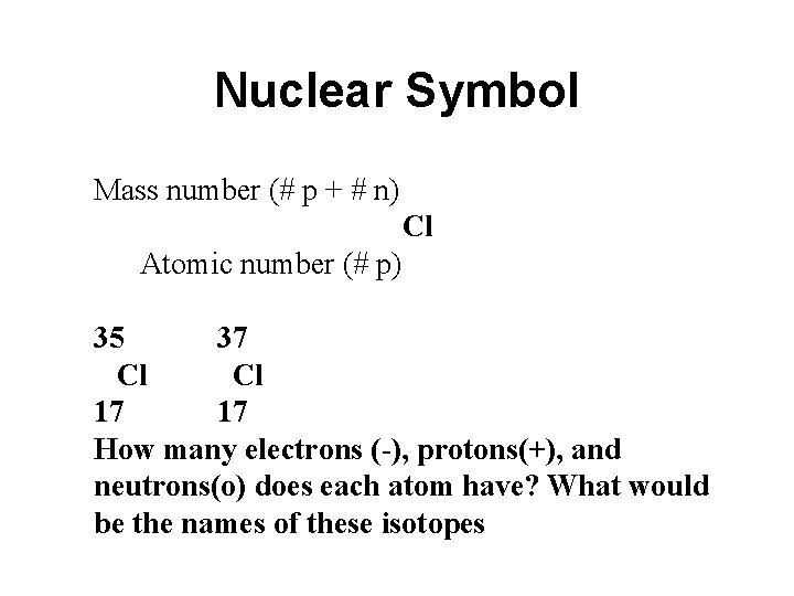 Nuclear Symbol Mass number (# p + # n) Cl Atomic number (# p) Nuclear Symbol Mass number (# p + # n) Cl Atomic number (# p)