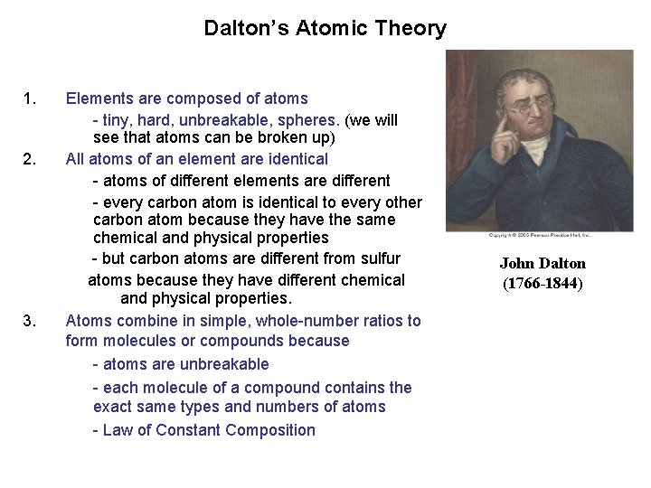 Dalton’s Atomic Theory 1. 2. 3. Elements are composed of atoms - tiny, hard, Dalton’s Atomic Theory 1. 2. 3. Elements are composed of atoms - tiny, hard,