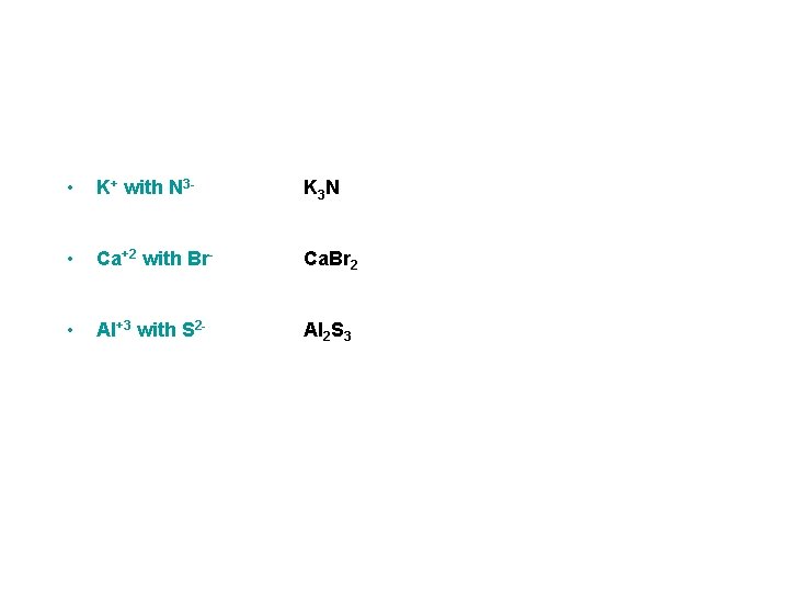 • K+ with N 3 - K 3 N • Ca+2 with Br- • K+ with N 3 - K 3 N • Ca+2 with Br-